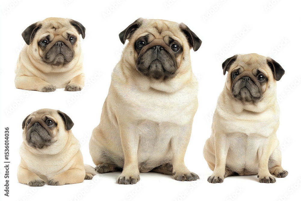 Obraz premium Collection of pug dog in playful poses, lying positions highlighting expressions and charming personality isolated on white background