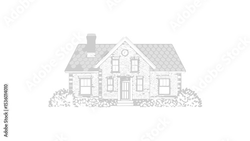 Illustration of a gray house with a chimney, roof shingles, windows, and front yard bushes visible
