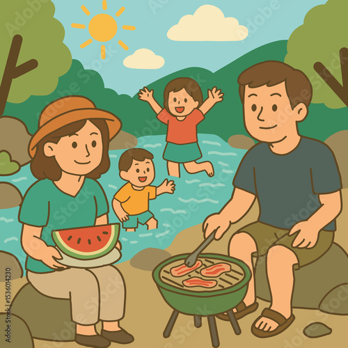 여름 계곡 가족 피서 일러스트 (바비큐, 물놀이, 수박)Summer Family Vacation at Valley – BBQ, Water Play, Watermelon Illustration