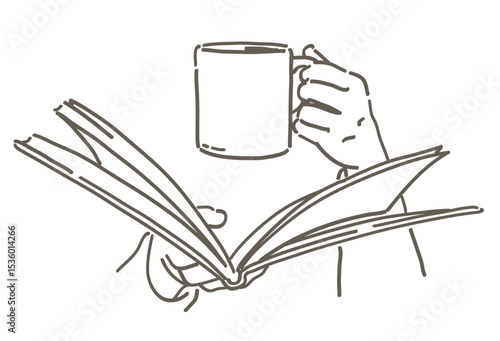 本に置く手と、コーヒーのイラスト。ベクターイラスト素材。