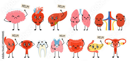 Human Organs with negative emotions set. Cartoon unhealthy body parts with disease sick lung, brain, heart reproductive system female male, tooth, body collection. Vector comic childish illustration