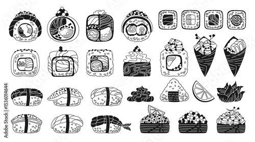 Sushi black and white doodle set. Traditional Asian Japanese food big linear set. Different Sushi seafood Philadelphia, roll California nigiri sashimi flat vector for oriental menu cafe bar restaurant