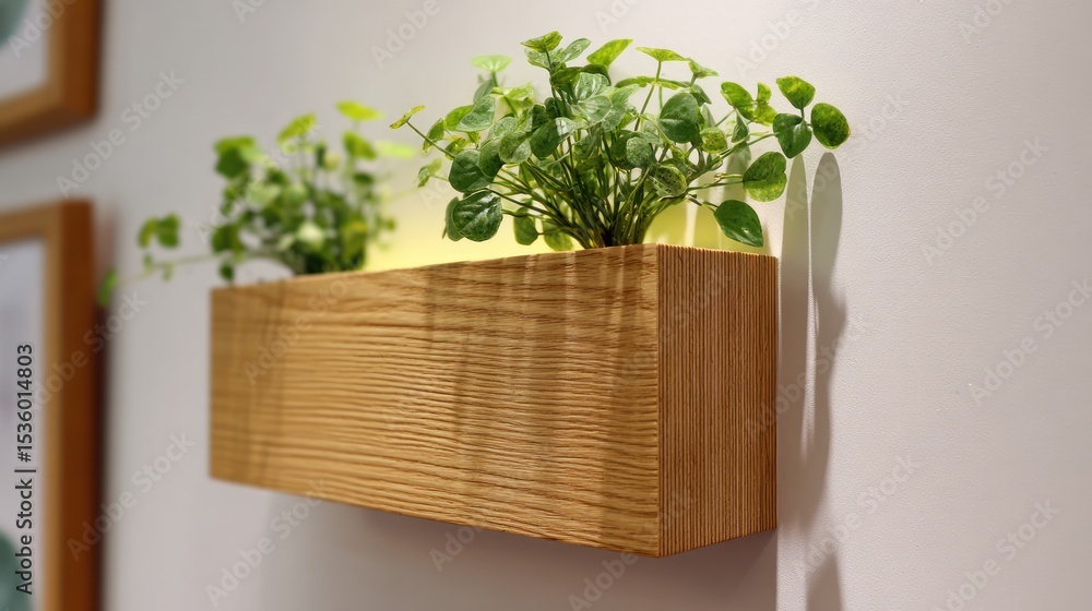 Fototapeta premium Wooden Planter with Greenery: A modern, rectangular wooden planter affixed to a wall, overflowing with vibrant green plants, evoking a sense of calm and the embrace of nature. 