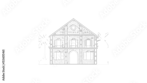 Illustration of a two story house with a triangular roof and palm trees on each side of the house