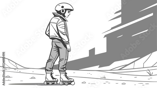 A young person with helmet and roller skates standing in a desolate landscape with shadows cast behind
