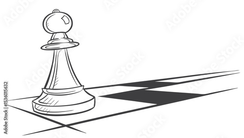 A chess pawn piece standing on a checkered surface casting a long shadow in a black and white drawing