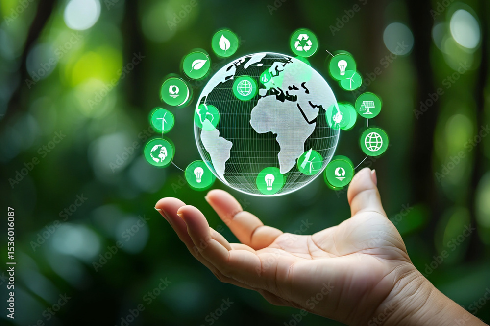 Hand Holding a Digital Globe with Green Sustainability Icons Hand Holding a Digital Globe with Green Sustainability Icons
