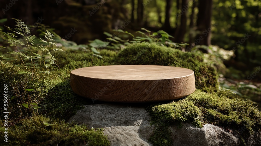 Rounded Wooden Display product Base in Forest Setting Rounded Wooden Display product Base in Forest Setting