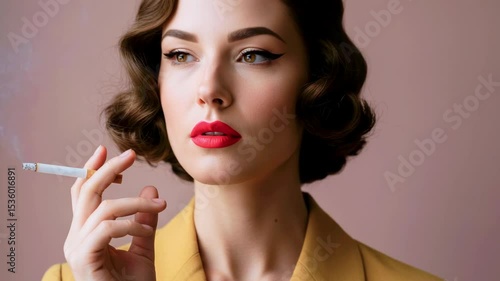Elegant woman with vintage hairstyle and makeup, holding a cigarette against a soft pink background