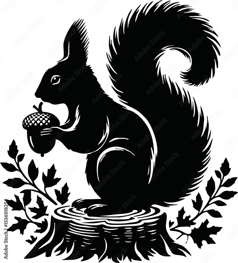 Obraz premium Silhouette of a squirrel sitting and holding an acorn, autumn theme, isolated vector on white background