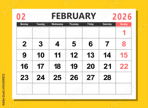 2026 calendar page design vector illustration. The week start on monday