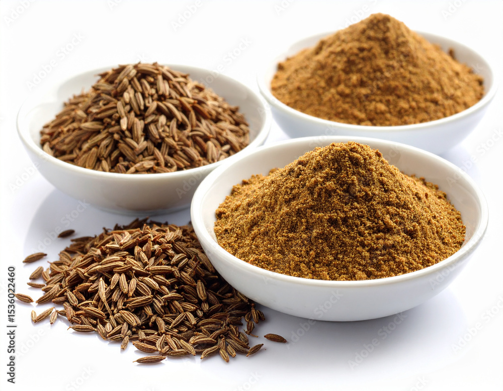 Cumin Seeds and Ground Cumin in Small Dishes on White Background in a Clean Culinary Composition
Cumin Seeds and Ground Cumin in Small Dishes on White Background in a Clean Culinary Composition