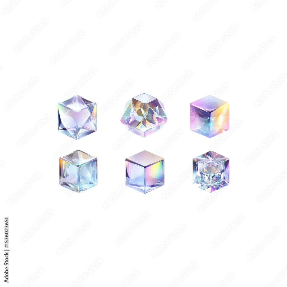 Fototapeta premium Set of 3D Crystal Glass Cubes with Transparent Surfaces and Light Reflections Isolated on White Background