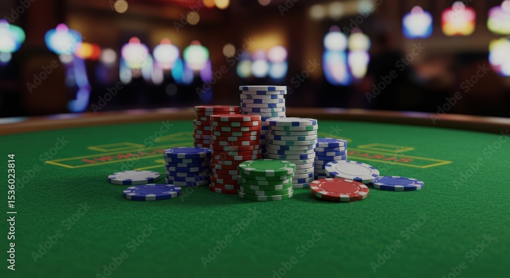 Casino ambience with poker chips stacked on a green felt table ready for game Casino ambience with poker chips stacked on a green felt table ready for game