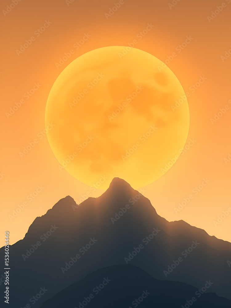 Fototapeta premium Rinascita: Illustrazione di un sole che sorge dietro ad una grande e maestosa montagna
