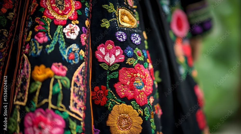 Fototapeta premium Detailed close-up of vibrant embroidered floral design on dark fabric.