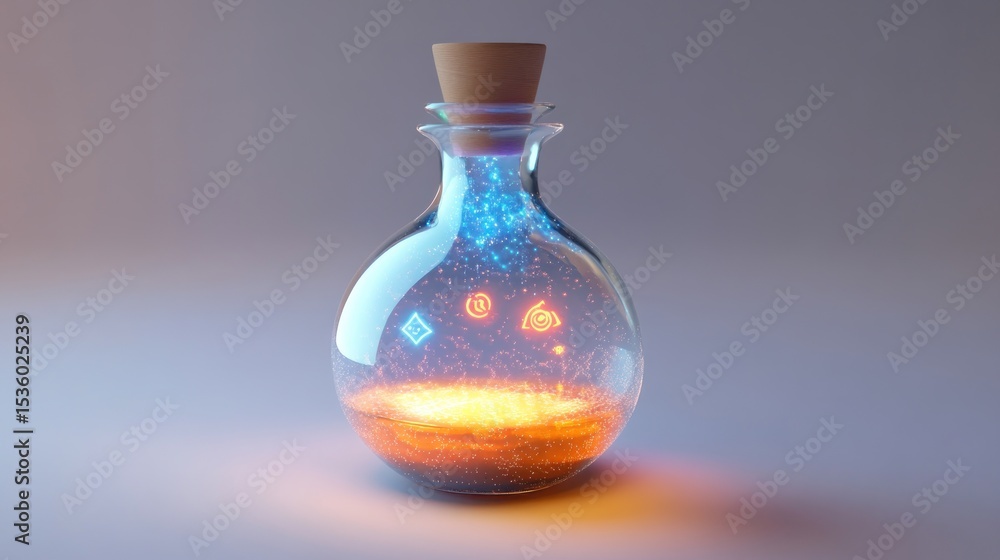 Mystical potion in a glass bottle, filled with glowing symbols and sparkling particles Mystical potion in a glass bottle, filled with glowing symbols and sparkling particles
