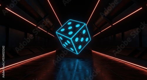 Neon dice illuminated in a dark futuristic corridor, game of chance concept