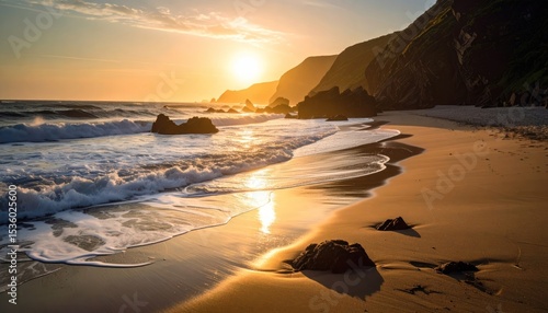 Coastal serenity: Golden sunlight bathes a tranquil beach scene at twilight