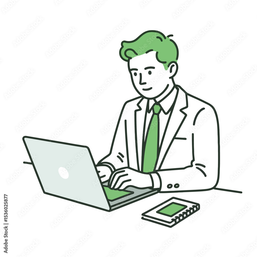 Green haired businessman using laptop notebook computer Green haired businessman using laptop notebook computer
