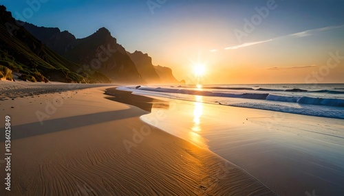 Idyllic coastal landscape with striking mountain range during warm sunset