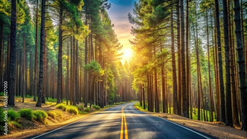 Dense pine trees stretching towards the sky with a winding asphalt road in the sunlight