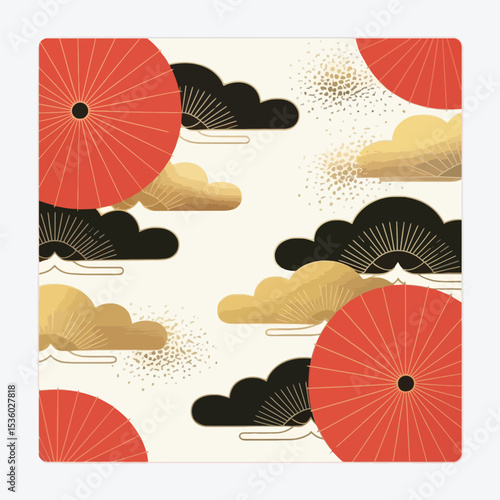 Red Gold Black Japanese Umbrellas Clouds Pattern white 1
