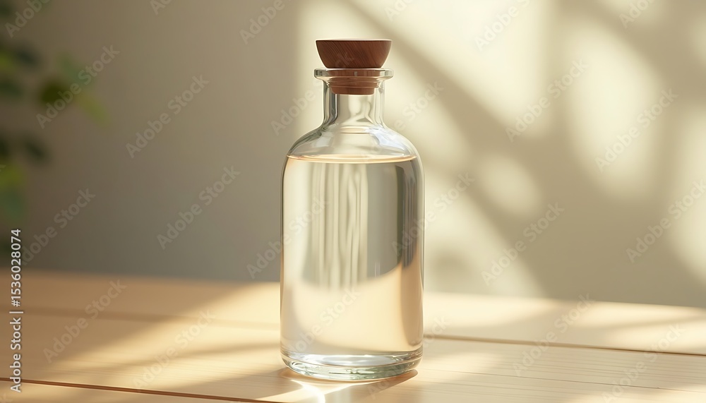 Clear glass bottle with cork stopper filled with water on wooden surface Clear glass bottle with cork stopper filled with water on wooden surface
