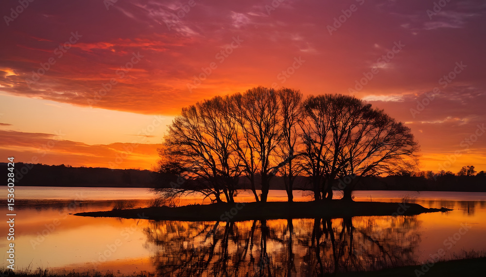 Fototapeta premium Sunrise with trees and a lake in the background 