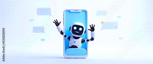 Autonomous AI agent bot: Intelligent cognitive system executing tasks via algorithms. Friendly Robot Assistant Within Smartphone with Chat Bubbles
