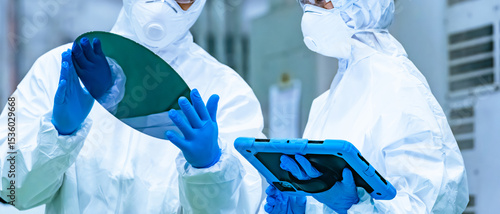 Photos inspection, tablet, semiconductor, factory, silicon wafer, worker, engineer, whi