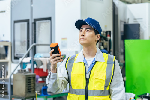 Obraz na płótnie 工場でポータブル測定器を使う作業員