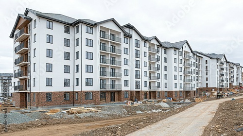 Modern apartment building complex under construction.