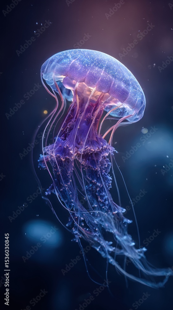 A mesmerizing jellyfish, illuminated in the depths of the ocean, showcases vibrant hues. A mesmerizing jellyfish, illuminated in the depths of the ocean, showcases vibrant hues.