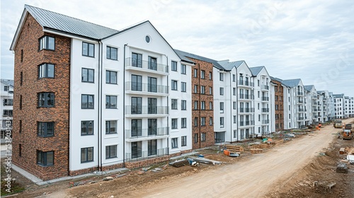 Modern apartment buildings under construction.