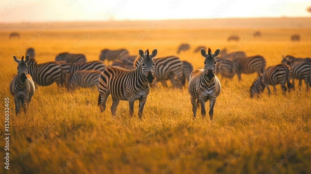 Naklejka premium Zebras grazing in a golden savanna landscape.