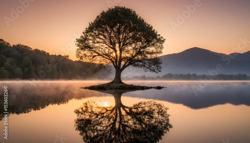 Fototapeta Naklejka Na Ścianę i Meble -  Golden Hour Sunset Over a Serene Lake with an Oak Tree and Grassy Shore
