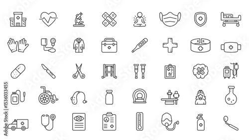 healthcare icons set,  medical health icon, medical tools, hospital equipment, and healthcare services in Outline vector icon in linear style. collection of pictograms