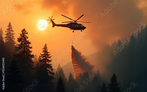 Forest fire helicopter dropping water to contain flames and smoke in a remote area. High quality