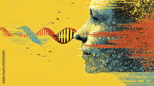 Human face with DNA strand, gene editing concept, abstract digital art with vibrant yellow, blue, and red colors, symbolizing bioethics and genetic science innovation