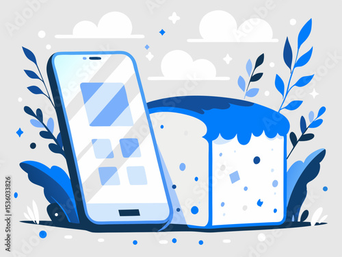 Mobile payment app interface, bread loaf, digital transaction, grocery shopping, online store, convenient purchase