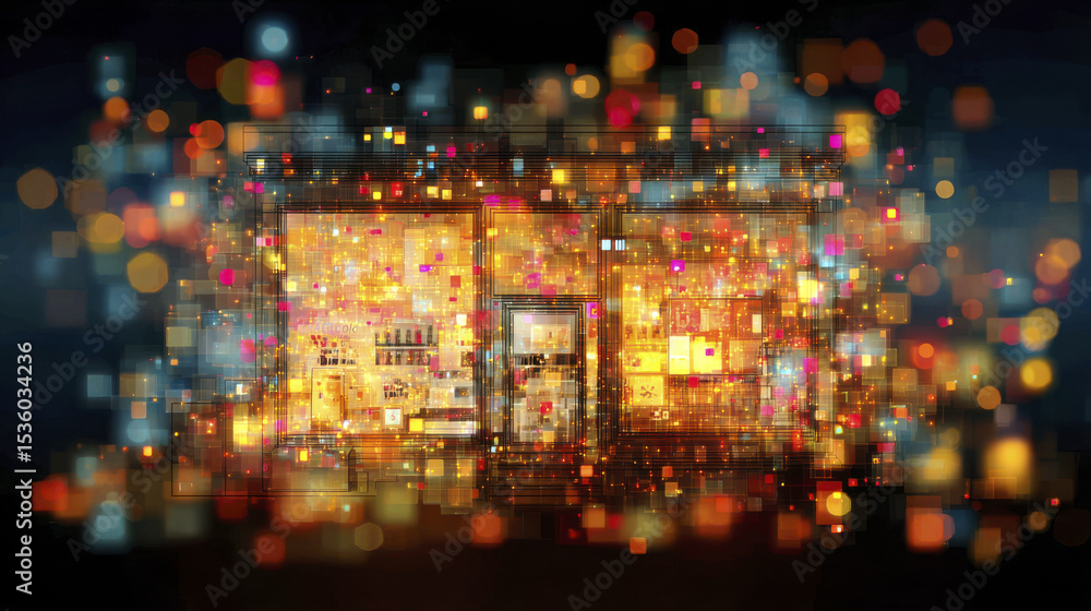 Naklejka premium Glowing heatmap of consumer clicks on digital storefront with vibrant orange, yellow, and pink pixelated lights creating dynamic and energetic atmosphere