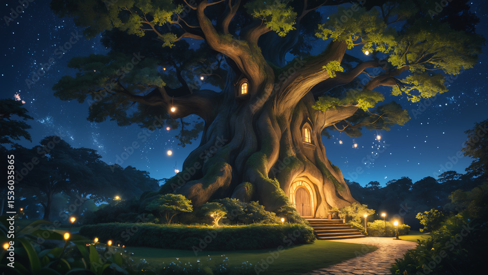 Fototapeta premium Generated digital illustration of a fantasy scene with village and large trees in a magical forest.