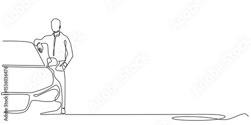 one continuous line of man standing next to car.single line of successful man,luxury car,successful people lifestyle.vector illustration eps 10