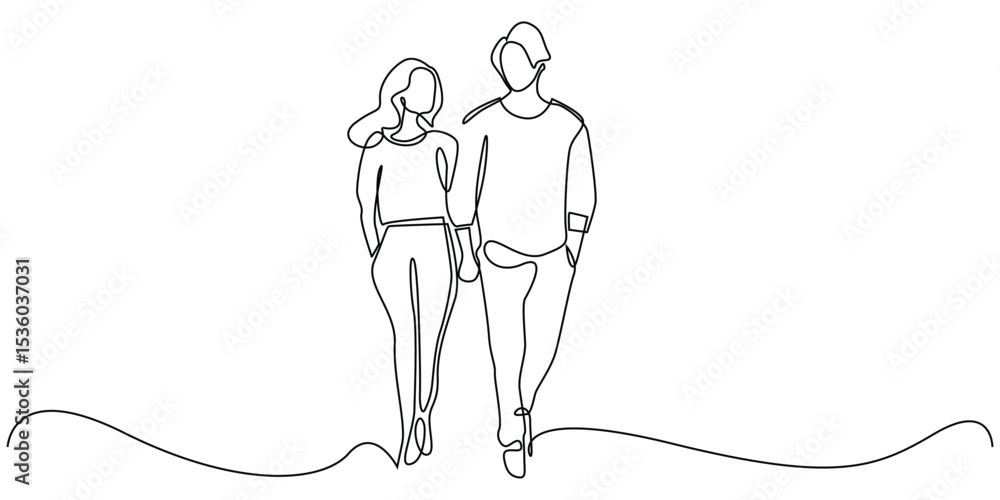 one continuous line of young couple walking.single line of man and woman walking front view.vector illustration eps 10 one continuous line of young couple walking.single line of man and woman walking front view.vector illustration eps 10