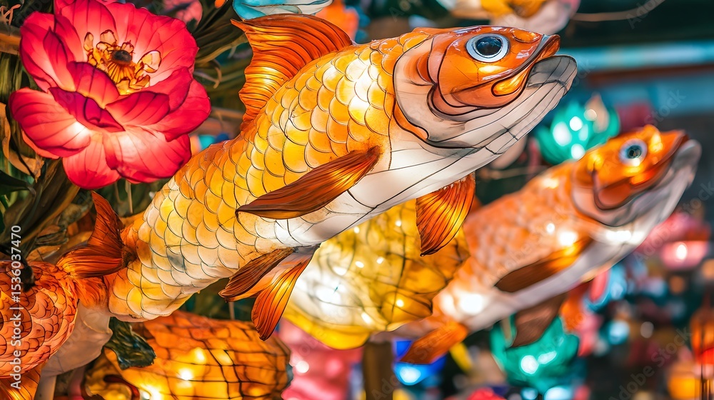 Fototapeta premium Illuminated fish lanterns in vibrant colors.