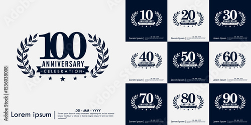 Set of 10-100th years anniversary celebration emblem. congratulations anniversary logo isolated with ribbon and laurel wreath on white background. vector illustration template design for web