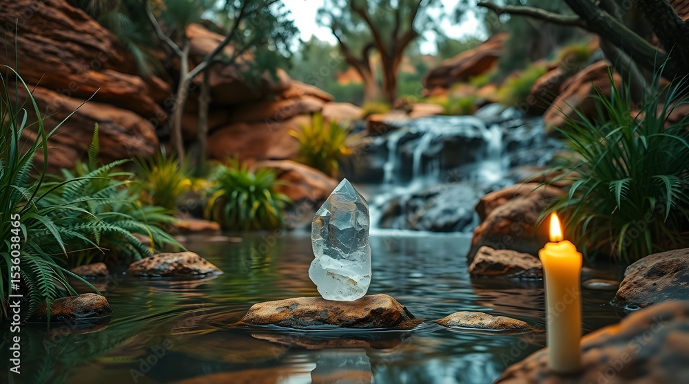 Fototapeta premium A serene scene features a small waterfall cascading into a tranquil pond surrounded by lush greenery and rocks. A glowing candle and a translucent crystal rest on the water's surface