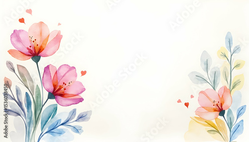 Floral Watercolor Painting with Flowers and Leaves Border