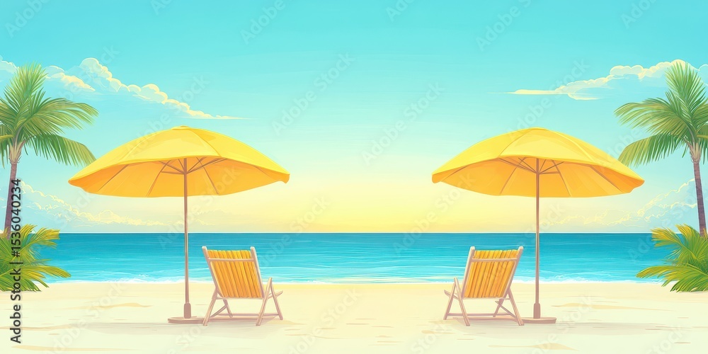 Tropical beach landscape with umbrellas chairs illustration. Ocean and sand form a serene summer vacation scene. Relaxation, palm, sky, clouds, sunlight, and nature define this idyllic inviting Tropical beach landscape with umbrellas chairs illustration. Ocean and sand form a serene summer vacation scene. Relaxation, palm, sky, clouds, sunlight, and nature define this idyllic inviting